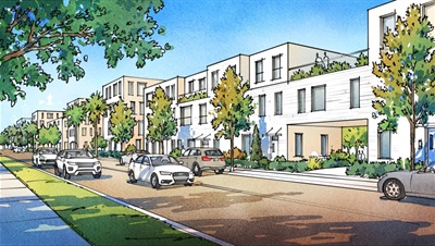 Visualization of general scale of buildings along Perimeter Road facing west and pedestrian view looking north.